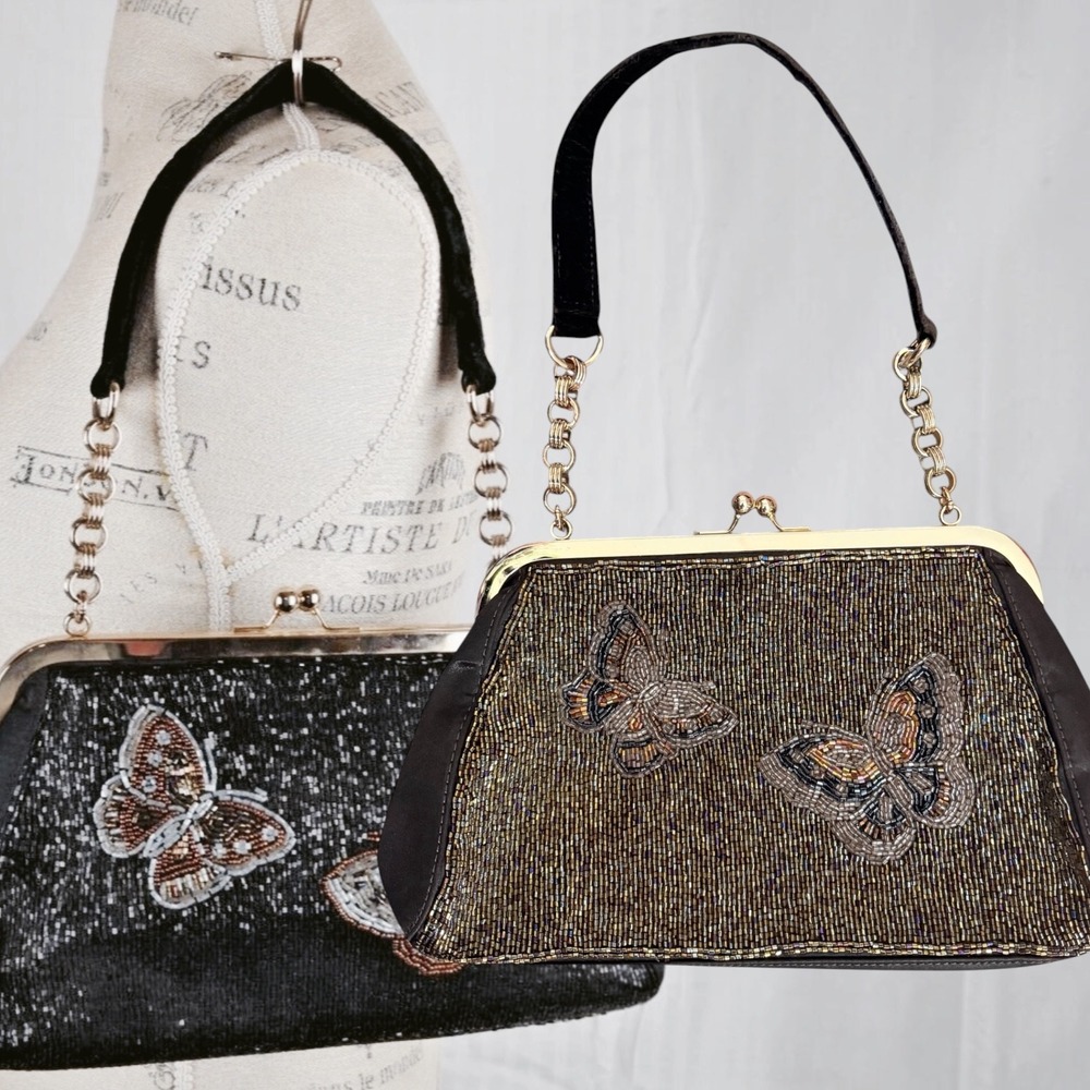 Vintage Liz Claiborne Handbag Beaded Butterfly Kiss Lock Evening Bag Brown OS